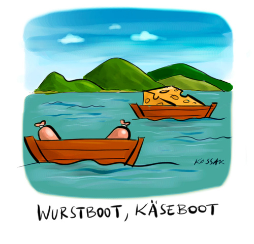 Cartoon: Wurstboot Käseboot (medium) by Kossak tagged essen,boot,see,wust,käse,jause,essen,boot,see,wust,käse,jause