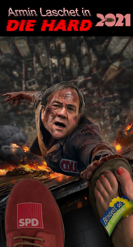 Cartoon: Ziemlich beste Feinde (medium) by Bürgerschreck tagged laschet,armin,die,hard,grüne,spd,cdu,absturz,hochhaus,fußtritt,konkurrenz,wahlkampf,koalition