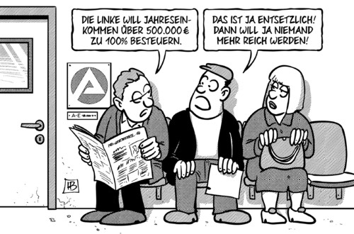 Cartoon: 100-Prozent-Besteuerung (medium) by Harm Bengen tagged linke,partei,steuer,jahreseinkommen,500000,euro,reich,arm,arbeitsamt,arbeitslos,besteuern,besteuerung,harm,bengen,cartoon,karikatur