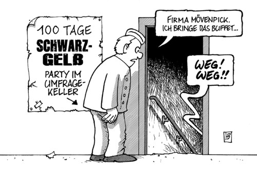 Cartoon: 100 Tage Schwarz-Gelb (medium) by Harm Bengen tagged schwarz,100 tage,gelb,regierung,koalition,cdu,csu,feier,party,keller,umfrage,buffet,mövenpick,spende,hotel,100,tage