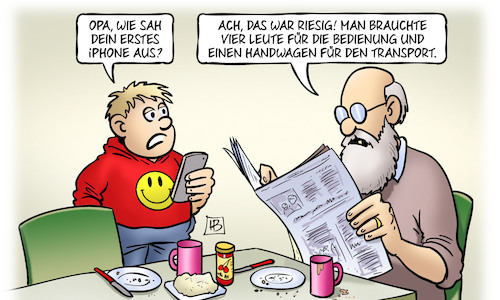 Cartoon: 10 Jahre iPhone (medium) by Harm Bengen tagged 10,jahre,iphone,handy,telefon,vergangeheit,enkel,kind,opa,grossvater,zeitung,harm,bengen,cartoon,karikatur,10,jahre,iphone,handy,telefon,vergangeheit,enkel,kind,opa,grossvater,zeitung,harm,bengen,cartoon,karikatur