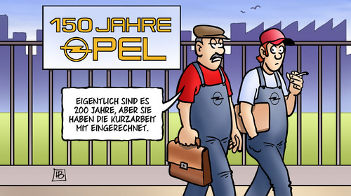 Cartoon: 150 Jahre Opel (medium) by Harm Bengen tagged harm,arbeitsplatz,krise,belegschaft,arbeiter,kurzarbeit,gm,jubilaeum,opel,jahre,150,karikatur,cartoon,bengen,150,jahre,opel,jubilaeum,gm,kurzarbeit,arbeiter,belegschaft,krise,arbeitsplatz,harm,bengen,cartoon,karikatur