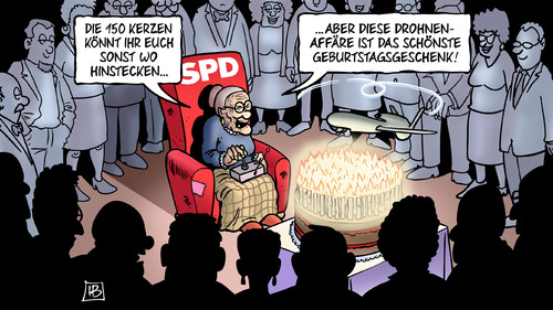 Cartoon: 150 Jahre SPD (medium) by Harm Bengen tagged 150,kerzen,jubiläum,spd,partei,drohnenaffäre,geburtstagsgeschenk,verteidigungsminister,verteidigungsministerium,milliarden,geld,bundeswehr,soldaten,demaiziere,eurohawk,globalhawk,euro,hawk,drohnen,drohne,harm,bengen,cartoon,karikatur,150,kerzen,jubiläum,spd,partei,drohnenaffäre,geburtstagsgeschenk,verteidigungsminister,verteidigungsministerium,milliarden,geld,bundeswehr,soldaten,demaiziere,eurohawk,globalhawk,euro,hawk,drohnen,drohne,harm,bengen,cartoon,karikatur