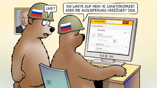 Cartoon: 18. Sanktionspaket (medium) by Harm Bengen tagged 18,achtzehntes,sanktionspaket,sanktionen,auslieferung,sendungsverfolgung,russland,ukraine,krieg,bären,computer,eu,harm,bengen,cartoon,karikatur,18,achtzehntes,sanktionspaket,sanktionen,auslieferung,sendungsverfolgung,russland,ukraine,krieg,bären,computer,eu,harm,bengen,cartoon,karikatur