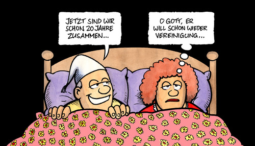 Cartoon: 20 Jahre Deutsche Einheit - II (medium) by Harm Bengen tagged deutsche,einheit,bundesrepublik,deutschland,brd,bddr,vereinigung,zusammenschluß,jubiläum,feier,bett,ehepaar,mann,frau,deutschland,einheit,wiedervereinigung,zwanzig jahre,ossi,wessi,regierung,bürger,entfremdung,osten,westen,zwanzig,jahre,brd,bddr,vereinigung,zusammenschluß,jubiläum,feier