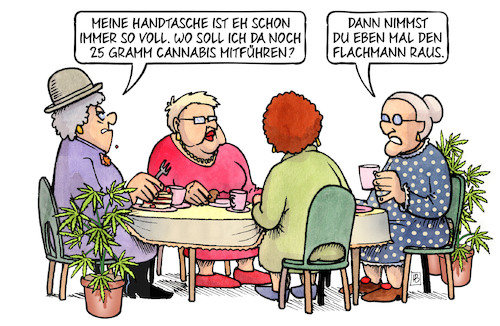 Cartoon: 25 Gramm Cannabis (medium) by Harm Bengen tagged handtasche,25,gramm,cannabis,legalisierung,drogen,flachmann,kiffen,susemil,kaffeekränzchen,harm,bengen,cartoon,karikatur,handtasche,25,gramm,cannabis,legalisierung,drogen,flachmann,kiffen,susemil,kaffeekränzchen,harm,bengen,cartoon,karikatur