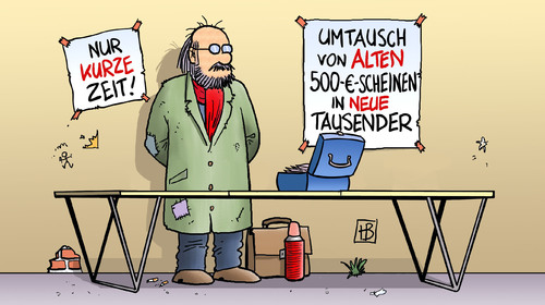 Cartoon: 500 gegen 1000 (medium) by Harm Bengen tagged umtausch,500,1000,geld,scheine,fälschung,ezb,harm,bengen,cartoon,karikatur,umtausch,500,1000,geld,scheine,fälschung,ezb,harm,bengen,cartoon,karikatur