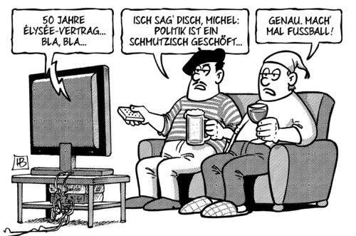 Cartoon: 50 Jahre Elysee-Vertrag (medium) by Harm Bengen tagged michel,politik,fussball,sofa,couch,tv,fernsehen,deutsch,französisch,französische,freundschaft,europa,rotwein,bier,50,jahre,elyseevertrag,elysee,vertrag,harm,bengen,cartoon,karikatur