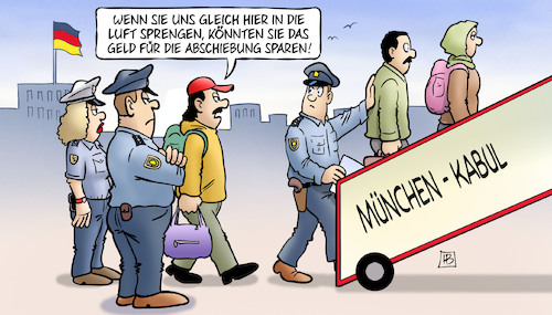 Cartoon: Abschiebung nach Kabul (medium) by Harm Bengen tagged sprengen,abschiebung,sparen,terror,flughafen,deutschland,afghanistan,kabul,polizei,flüchtlinge,harm,bengen,cartoon,karikatur,sprengen,abschiebung,sparen,terror,flughafen,deutschland,afghanistan,kabul,polizei,flüchtlinge,harm,bengen,cartoon,karikatur