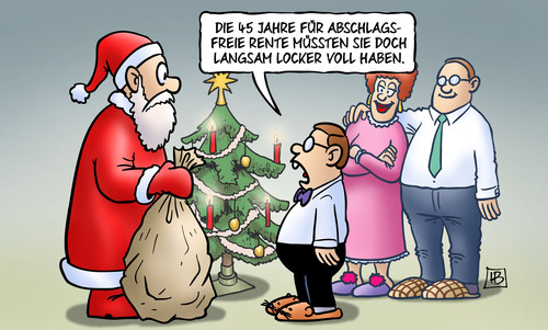 Cartoon: Abschlagsfreie Rente (medium) by Harm Bengen tagged abschlagsfreie,abschlagfrei,45,jahre,beitragsjahre,rente,weihnachten,weihnachtsmann,alter,bescherung,bundesregierung,groko,harm,bengen,cartoon,karikatur,abschlagsfreie,abschlagfrei,45,jahre,beitragsjahre,rente,weihnachten,weihnachtsmann,alter,bescherung,bundesregierung,groko,harm,bengen,cartoon,karikatur