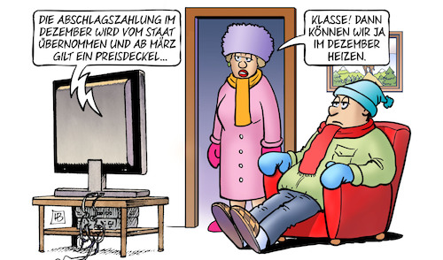 Cartoon: Abschlagszahlung und Gaspreisdec (medium) by Harm Bengen tagged dezember,staat,märz,kälte,preisdeckel,gaspreisdeckel,gaspreiskommission,gaspreisgremium,heizen,tv,kalt,winter,harm,bengen,cartoon,karikatur,dezember,staat,märz,kälte,preisdeckel,gaspreisdeckel,gaspreiskommission,gaspreisgremium,heizen,tv,kalt,winter,harm,bengen,cartoon,karikatur