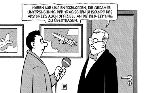 Cartoon: Absturz-Ermittlungen (medium) by Harm Bengen tagged absturz,ermittlungen,germanwings,boulevardpresse,bild,springer,flugzeugabsturz,tragik,opfer,sensation,untersuchung,harm,bengen,cartoon,karikatur