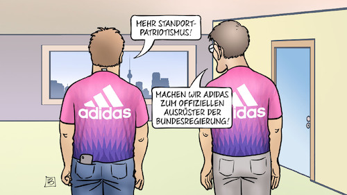 Cartoon: Adidas vs. Nike (medium) by Harm Bengen tagged standort,patriotismus,adidas,ausrüster,bundesregierung,habeck,lauterbach,trikot,nationalmannschaft,fussball,berlin,nike,harm,bengen,cartoon,karikatur,standort,patriotismus,adidas,ausrüster,bundesregierung,habeck,lauterbach,trikot,nationalmannschaft,fussball,berlin,nike,harm,bengen,cartoon,karikatur