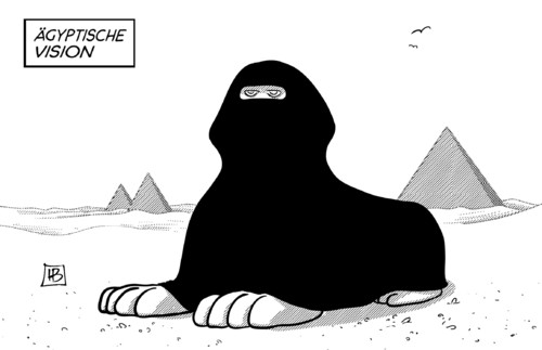 Cartoon: Ägyptische Vision (medium) by Harm Bengen tagged sphinx,pyramiden,ägyptische,ägypten,egypt,muslimbrüder,verfassung,abstimmung,frauenrechte,burka,verschleiert,schleier,islam,islamisten,salafisten,mursi,präsident,demokratie,revolution,harm,bengen,cartoon,karikatur