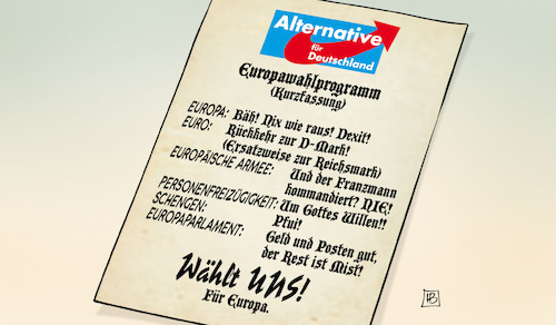 Cartoon: AfD-Europawahlprogramm (medium) by Harm Bengen tagged europawahlprogramm,kurzfassung,afd,dexit,euro,reichsmark,armee,franzmann,personenfreizügigkeit,schengen,europaparlament,geld,posten,wahl,harm,bengen,cartoon,karikatur,europawahlprogramm,kurzfassung,afd,dexit,euro,reichsmark,armee,franzmann,personenfreizügigkeit,schengen,europaparlament,geld,posten,wahl,harm,bengen,cartoon,karikatur