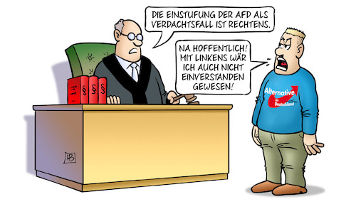 Cartoon: AfD-Verdachtsfalls rechtens (medium) by Harm Bengen tagged einstufung,afd,verdachtsfall,rechtens,rechtsextrem,verfassungsschutz,beobachtung,linkens,gericht,urteil,harm,bengen,cartoon,karikatur,einstufung,afd,verdachtsfall,rechtens,rechtsextrem,verfassungsschutz,beobachtung,linkens,gericht,urteil,harm,bengen,cartoon,karikatur