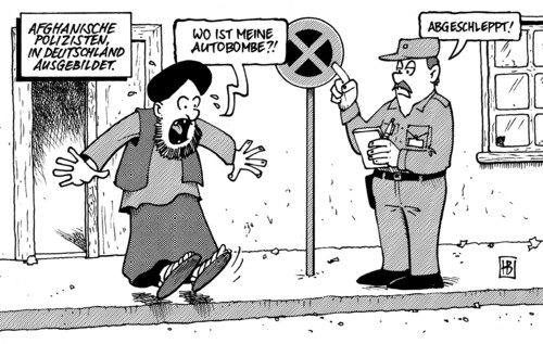 Cartoon: Afghanische Polizisten (medium) by Harm Bengen tagged afghanistan,afghanische,polizisten,polizei,ausbildung,deutschland,halteverbot,autobombe,terror,taliban,krieg,abschleppen