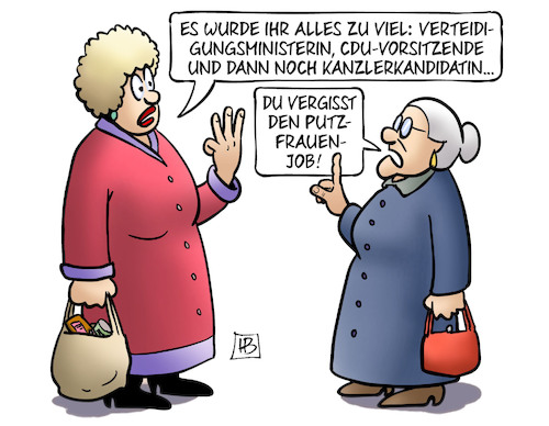 Cartoon: AKK-Jobs (medium) by Harm Bengen tagged susemil,putzfrau,jobs,akk,kramp,karrenbauer,rücktritt,rückzug,parteivorsitzende,kanzlerkandidatin,verteidigungsministerin,harm,bengen,cartoon,karikatur,susemil,putzfrau,jobs,akk,kramp,karrenbauer,rücktritt,rückzug,parteivorsitzende,kanzlerkandidatin,verteidigungsministerin,harm,bengen,cartoon,karikatur