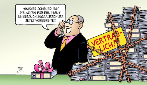 Cartoon: Akten Mautausschuss (medium) by Harm Bengen tagged verkehrsminister,scheuer,akten,maut,untersuchungsausschuss,ketten,schleife,ordner,vertraulich,behinderung,harm,bengen,cartoon,karikatur,verkehrsminister,scheuer,akten,maut,untersuchungsausschuss,ketten,schleife,ordner,vertraulich,behinderung,harm,bengen,cartoon,karikatur