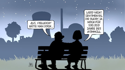 Cartoon: AKW-Abschaltung (medium) by Harm Bengen tagged aus,akw,abschaltung,sentimental,atommüll,atomkraft,kernkraft,nacht,atomausstieg,harm,bengen,cartoon,karikatur,aus,akw,abschaltung,sentimental,atommüll,atomkraft,kernkraft,nacht,atomausstieg,harm,bengen,cartoon,karikatur