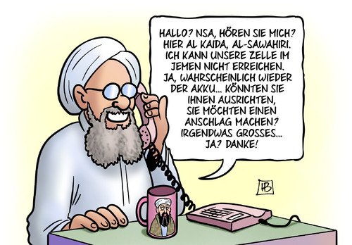 Cartoon: Al-Sawahiri telefoniert (medium) by Harm Bengen tagged alsawahiri,al,sawahiri,binladen,bin,laden,alkaida,kaida,anschlag,terror,bundesnachrichtendienst,nachrichten,freiheit,merkel,email,abhören,telefon,wanze,wanzen,computer,prism,tempora,xkeyscore,gchq,gb,grossbritannien,deutschland,england,europa,eu,fbi,nsda,nsa,bnd,usa,obama,geheimdienst,server,kommunikationsdaten,zugriff,datenschutz,edward,snowden,whistleblower,guardian,russland,harm,bengen,cartoon,karikatur,alsawahiri,al,sawahiri,binladen,bin,laden,alkaida,kaida,anschlag,terror,bundesnachrichtendienst,nachrichten,freiheit,merkel,email,abhören,telefon,wanze,wanzen,computer,prism,tempora,xkeyscore,gchq,gb,grossbritannien,deutschland,england,europa,eu,fbi,nsda,nsa,bnd,usa,obama,geheimdienst,server,kommunikationsdaten,zugriff,datenschutz,edward,snowden,whistleblower,guardian,russland,harm,bengen,cartoon,karikatur