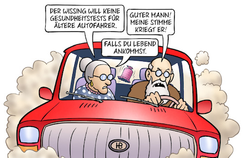 Cartoon: Alterstests (medium) by Harm Bengen tagged wissing,verkehrsminister,gesundheitstests,autofahrer,alter,susemil,kfz,harm,bengen,cartoon,karikatur,wissing,verkehrsminister,gesundheitstests,autofahrer,alter,susemil,kfz,harm,bengen,cartoon,karikatur