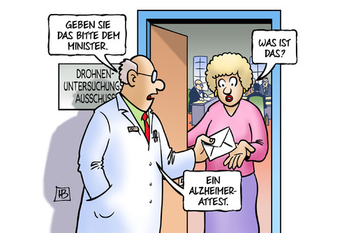 Cartoon: Alzheimer (medium) by Harm Bengen tagged alzheimer,attest,arzt,vergesslich,verteidigungsministerium,untersuchungsausschuss,aufklaerungsdrohne,drohnen,kampfdrohne,verteidigungsminister,bundestag,parlament,auskunft,fragen,antworten,milliarden,verlust,geld,bundeswehr,soldaten,demaiziere,eurohawk,euro,hawk,merkel,harm,bengen,cartoon,karikatur,alzheimer,attest,arzt,vergesslich,verteidigungsministerium,untersuchungsausschuss,aufklaerungsdrohne,drohnen,kampfdrohne,verteidigungsminister,bundestag,parlament,auskunft,fragen,antworten,milliarden,verlust,geld,bundeswehr,soldaten,demaiziere,eurohawk,euro,hawk,merkel,harm,bengen,cartoon,karikatur