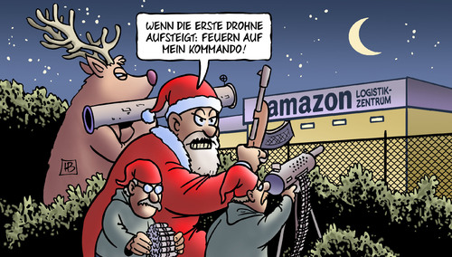 Cartoon: Amazon-Drohnen (medium) by Harm Bengen tagged amazon,drohne,drohnen,weihnachtmann,nikolaus,wichtel,rentier,weihnachten,geschenke,auslieferung,harm,bengen,cartoon,karikatur,amazon,drohne,drohnen,weihnachtmann,nikolaus,wichtel,rentier,weihnachten,geschenke,auslieferung,harm,bengen,cartoon,karikatur