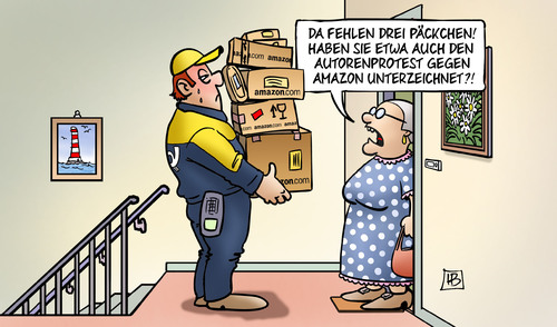 Cartoon: Amazon-Protest (medium) by Harm Bengen tagged päckchen,autorenprotest,autoren,protest,amazon,verlage,rabatte,postbote,internetversand,harm,bengen,cartoon,karikatur,päckchen,autorenprotest,autoren,protest,amazon,verlage,rabatte,postbote,internetversand,harm,bengen,cartoon,karikatur