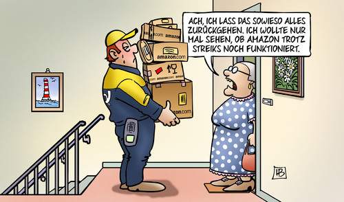 Cartoon: Amazon-Streik (medium) by Harm Bengen tagged amazon,streik,tarifvertrag,auslieferung,retouren,post,dhl,paketbote,pakete,harm,bengen,cartoon,karikatur,amazon,streik,tarifvertrag,auslieferung,retouren,post,dhl,paketbote,pakete,harm,bengen,cartoon,karikatur