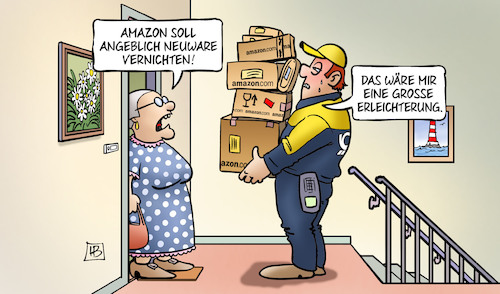 Cartoon: Amazon vernichtet Neuware (medium) by Harm Bengen tagged amazon,vernichtet,neuware,erleichterung,postbote,paketbote,susemil,harm,bengen,cartoon,karikatur,amazon,vernichtet,neuware,erleichterung,postbote,paketbote,susemil,harm,bengen,cartoon,karikatur