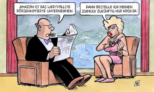 Cartoon: Amazon wertvoll (medium) by Harm Bengen tagged amazon,wertvollste,börsennotierte,unternehmen,schmuck,kapitalisten,reichtum,harm,bengen,cartoon,karikatur,amazon,wertvollste,börsennotierte,unternehmen,schmuck,kapitalisten,reichtum,harm,bengen,cartoon,karikatur