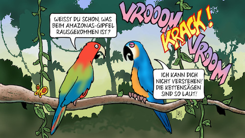 Cartoon: Amazonas-Gipfel (medium) by Harm Bengen tagged amazonas,gipfel,kettensägen,laut,aras,papageien,regenwald,schutz,abholzung,klimawandel,urwald,dschungel,harm,bengen,cartoon,karikatur,amazonas,gipfel,kettensägen,laut,aras,papageien,regenwald,schutz,abholzung,klimawandel,urwald,dschungel,harm,bengen,cartoon,karikatur