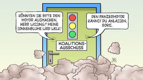 Cartoon: Ampel-Koalitionsausschuss (medium) by Harm Bengen tagged koalitionsausschuss,ampel,motor,wissing,grüne,fdp,streit,sonnenblume,welk,panzermotor,pistorius,boris,verkehrspolitik,abgase,qualm,rauch,tuer,leopard,panzer,bundeswehr,krieg,ukraine,russland,harm,bengen,cartoon,karikatur,koalitionsausschuss,ampel,motor,wissing,grüne,fdp,streit,sonnenblume,welk,panzermotor,pistorius,boris,verkehrspolitik,abgase,qualm,rauch,tuer,leopard,panzer,bundeswehr,krieg,ukraine,russland,harm,bengen,cartoon,karikatur