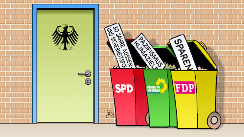 Cartoon: Ampel entsorgt (medium) by Harm Bengen tagged spd,ampel,regierung,grundsätze,fdp,grüne,aussenpolitik,sicherheitspolitik,mülltonnen,entsorgung,abfall,hintertür,pazifismus,klimaziele,sparen,atomkraft,michel,putin,energiewende,russland,ukraine,krieg,einmarsch,angriff,harm,bengen,cartoon,karikatur,spd,ampel,regierung,grundsätze,fdp,grüne,aussenpolitik,sicherheitspolitik,mülltonnen,entsorgung,abfall,hintertür,pazifismus,klimaziele,sparen,atomkraft,michel,putin,energiewende,russland,ukraine,krieg,einmarsch,angriff,harm,bengen,cartoon,karikatur