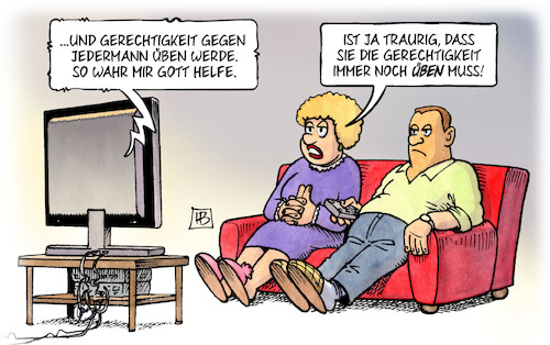 Cartoon: Amtseid (medium) by Harm Bengen tagged gerechtigkeit,gegen,jedermann,üben,amtseid,formel,merkel,bundeskanzlerin,vereidigung,harm,bengen,cartoon,karikatur,gerechtigkeit,gegen,jedermann,üben,amtseid,formel,merkel,bundeskanzlerin,vereidigung,harm,bengen,cartoon,karikatur