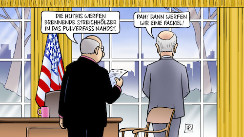 Cartoon: Angriff auf Jemen (medium) by Harm Bengen tagged angriff,jemen,huthis,brennende,streichhölzer,pulverfass,nahost,konflikt,krieg,fackel,usa,gb,israel,gaza,palästina,biden,oval,office,harm,bengen,cartoon,karikatur,angriff,jemen,huthis,brennende,streichhölzer,pulverfass,nahost,konflikt,krieg,fackel,usa,gb,israel,gaza,palästina,biden,oval,office,harm,bengen,cartoon,karikatur