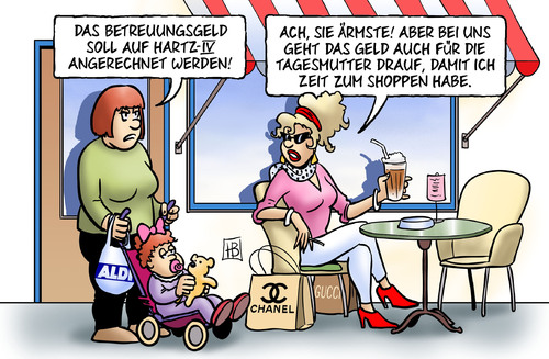 Cartoon: Anrechnung (medium) by Harm Bengen tagged betreuungsgeld,kinder,kommunen,kita,kindergarten,parteien,streit,csu,fdp,cdu,merkel,machtwort,rente,kauder,anrechnung,hartz,hartz4,regierung,opposition,tagesmutter,shoppen,aldi,gucci,chanel,arme,armut,reiche,reichtum,besserverdienende,betreuungsgeld,kinder,kommunen,kindergarten,kita,parteien,streit,csu,fdp,cdu,merkel,rente