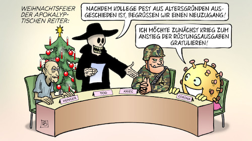 Cartoon: Apokalyptische Reiter (medium) by Harm Bengen tagged weihnachtsfeier,apokalyptische,reiter,kollege,pest,altersgründe,neuzugang,krieg,anstieg,rüstungsausgaben,gratulieren,hunger,tod,corona,weihnachten,harm,bengen,cartoon,karikatur,weihnachtsfeier,apokalyptische,reiter,kollege,pest,altersgründe,neuzugang,krieg,anstieg,rüstungsausgaben,gratulieren,hunger,tod,corona,weihnachten,harm,bengen,cartoon,karikatur