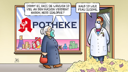 Cartoon: Apotheken und Masken (medium) by Harm Bengen tagged corona,masken,apotheker,apotheke,susemil,geld,verdienen,profit,harm,bengen,cartoon,karikatur,corona,masken,apotheker,apotheke,susemil,geld,verdienen,profit,harm,bengen,cartoon,karikatur