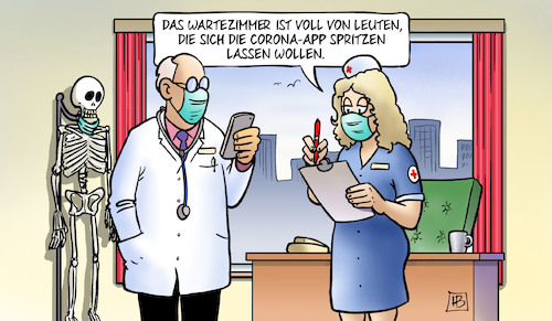 Cartoon: App beim Arzt (medium) by Harm Bengen tagged wartezimmer,spritzen,arzt,krankenschwester,warnung,warnapp,app,krank,gesund,handy,smartphone,corona,covid19,virus,pandemie,harm,bengen,cartoon,karikatur,wartezimmer,spritzen,arzt,krankenschwester,warnung,warnapp,app,krank,gesund,handy,smartphone,corona,covid19,virus,pandemie,harm,bengen,cartoon,karikatur