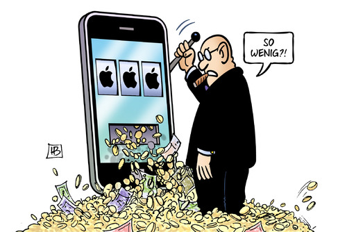 Cartoon: Apple-Rekordgewinn (medium) by Harm Bengen tagged apple,rekordgewinn,umsatz,rückgang,iphone,aktien,konzern,harm,bengen,cartoon,karikatur,apple,rekordgewinn,umsatz,rückgang,iphone,aktien,konzern,harm,bengen,cartoon,karikatur