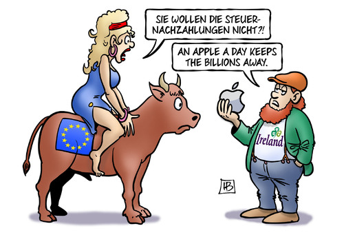 Cartoon: Apple und Irland (medium) by Harm Bengen tagged steuernachzahlungen,steuerhinterziehung,apple,irland,europa,eu,stier,harm,bengen,cartoon,karikatur,steuernachzahlungen,steuerhinterziehung,apple,irland,europa,eu,stier,harm,bengen,cartoon,karikatur