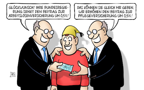 Cartoon: Arbeitslosenbeitrag (medium) by Harm Bengen tagged glückwunsch,bundesregierung,senkt,entlastung,erhöhung,beitrag,arbeitslosenversicherung,pflegeversicherung,rentenpaket,geld,michel,harm,bengen,cartoon,karikatur,glückwunsch,bundesregierung,senkt,entlastung,erhöhung,beitrag,arbeitslosenversicherung,pflegeversicherung,rentenpaket,geld,michel,harm,bengen,cartoon,karikatur