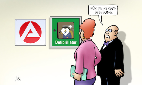 Cartoon: Arbeitsmarkt-Wiederbelebung (medium) by Harm Bengen tagged arbeitsmarkt,wiederbelebung,herbstbelebung,arbeitsamt,jobcenter,defibrillator,harm,bengen,cartoon,karikatur,arbeitsmarkt,wiederbelebung,herbstbelebung,arbeitsamt,jobcenter,defibrillator,harm,bengen,cartoon,karikatur