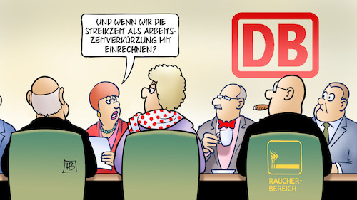 Cartoon: Arbeitszeit Bahn (medium) by Harm Bengen tagged streikzeit,arbeitszeitverkürzung,bahn,db,gdl,streik,tarifrunde,harm,bengen,cartoon,karikatur,streikzeit,arbeitszeitverkürzung,bahn,db,gdl,streik,tarifrunde,harm,bengen,cartoon,karikatur