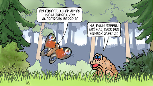 Cartoon: Artensterben in Europa (medium) by Harm Bengen tagged artensterben,europa,aussterben,bedroht,mensch,wald,gras,kröte,schmetterling,harm,bengen,cartoon,karikatur,artensterben,europa,aussterben,bedroht,mensch,wald,gras,kröte,schmetterling,harm,bengen,cartoon,karikatur