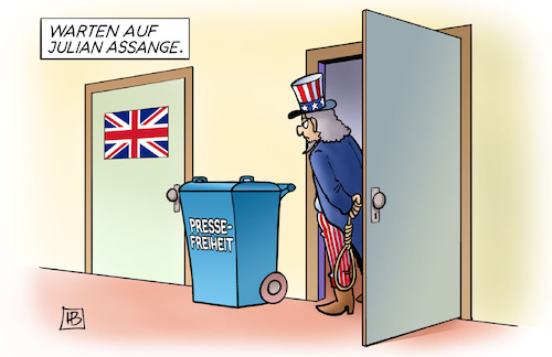 Cartoon: Assange und USA (medium) by Harm Bengen tagged anhörung,usa,uncle,sam,galgenstrick,strafe,gericht,auslieferung,wikileaks,gb,uk,assange,pressefreiheit,harm,bengen,cartoon,karikatur,anhörung,usa,uncle,sam,galgenstrick,strafe,gericht,auslieferung,wikileaks,gb,uk,assange,pressefreiheit,harm,bengen,cartoon,karikatur