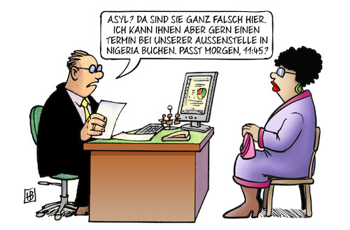 Cartoon: Asyl-Aussenstellen (medium) by Harm Bengen tagged asyl,termin,aussenstelle,nigeria,amt,behörde,flüchtlinge,migration,harm,bengen,cartoon,karikatur,asyl,termin,aussenstelle,nigeria,amt,behörde,flüchtlinge,migration,harm,bengen,cartoon,karikatur