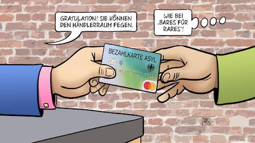 Cartoon: Asyl-Bezahlkarte (medium) by Harm Bengen tagged bezahlkarte,karte,asyl,fluechtlinge,haendlerraum,fegen,arbeitspflicht,bares,fuer,rares,harm,bengen,cartoon,karikatur,bezahlkarte,karte,asyl,fluechtlinge,haendlerraum,fegen,arbeitspflicht,bares,fuer,rares,harm,bengen,cartoon,karikatur